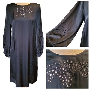 White Company Black Satin Midi Dress 8 Romantic Goth Old Money Eyelet Pockets